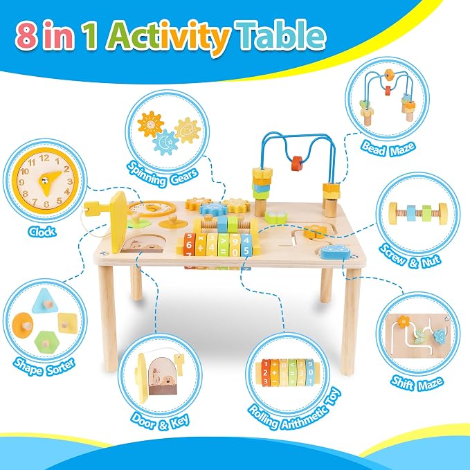 ATOYUS Activity Table for 1 2 3 Year Old, 8 in 1 Wooden Montessori Toys for Toddlers 1-3, Kids Sensory Game Play Table, 1st Christmas Birthday Boys Girls Gifts for 12 Months+ Baby