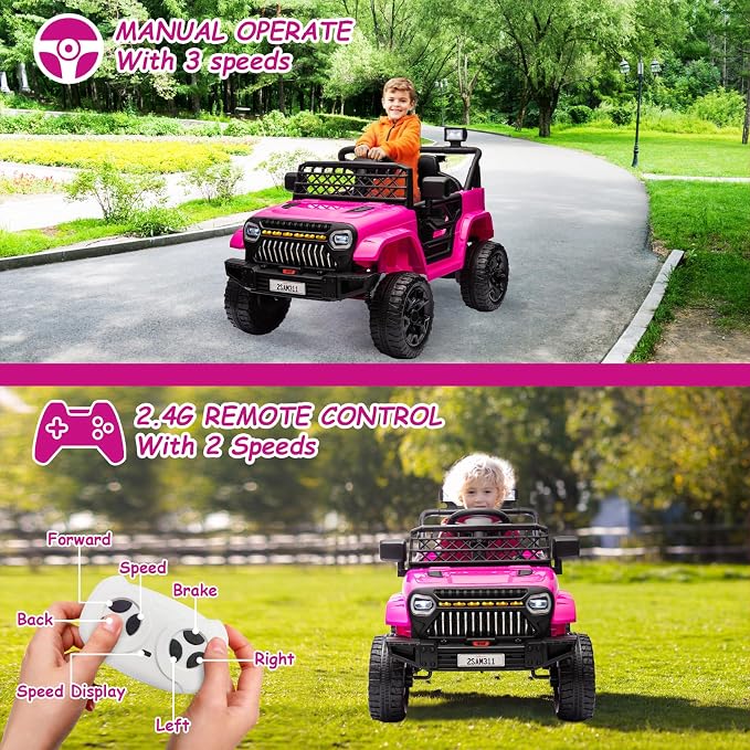 GarveeLife 12V Kids Ride On Truck Electric Vehicle Battery Powered Car Toddlers Ride On Toy for Boys Girls with Remote Control, 4-Wheel Suspension, Battery Display, LED Lights, Music, Rose Red