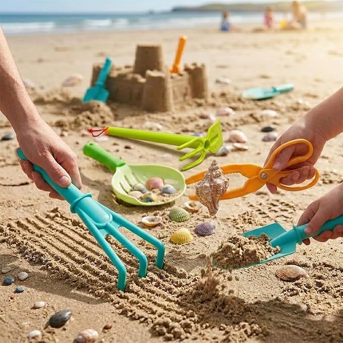 Sand Beach Toys for Kids, 5 PCS Beach Shovel Sifter Rake, Clip Tongs Set - Travel-Friendly Mesh Scooper for Shell Collecting, Outdoor Essentials Shark Tooth Sifter Dipper for Toddlers Boys Girls