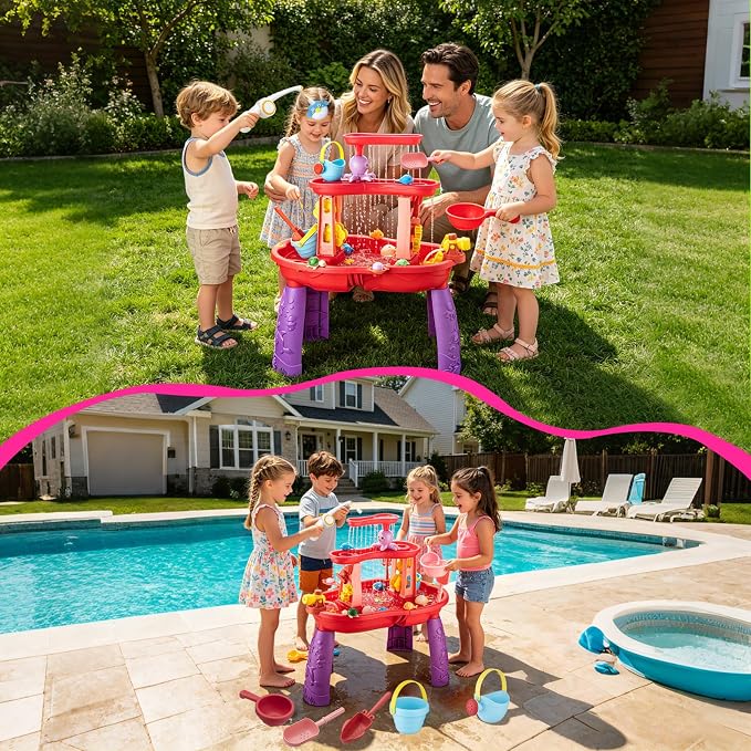 VROGTIK Water Table for Toddlers 3-5, Kids Sand Water Table with Fishing Game Set, Sensory Play Table Toys for Outdoor Pool Beach Backyard Summer Birthday Gift for Girls Outside Toys for Toddler