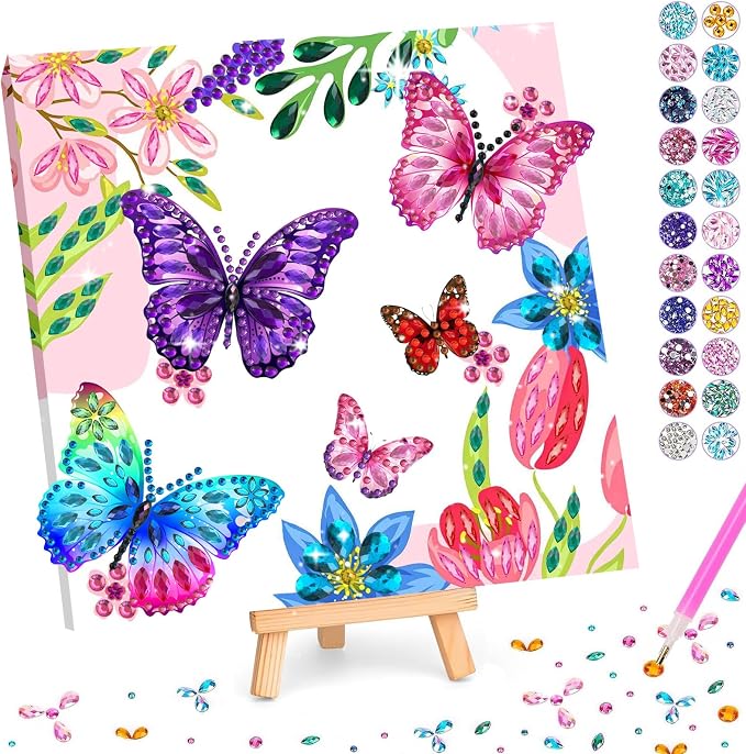 LCOZX 3D Fluttering Butterfly Diamond Art Kit for Kids Ages 8-12–Sparkling Gem Painting with Wooden Stand, Easy Arts & Crafts for Girls & Boys, Unique Birthday Gift & Bedroom Decor