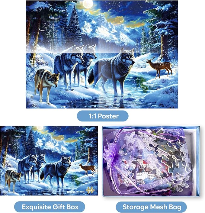 Jeacirio 100 Piece Jigsaw Puzzle for Kids Ages 6-8 8-10, Wolf Family in Snowy Mountain Forest, Educational Animal Puzzle, Screen-Free for Boys Girls