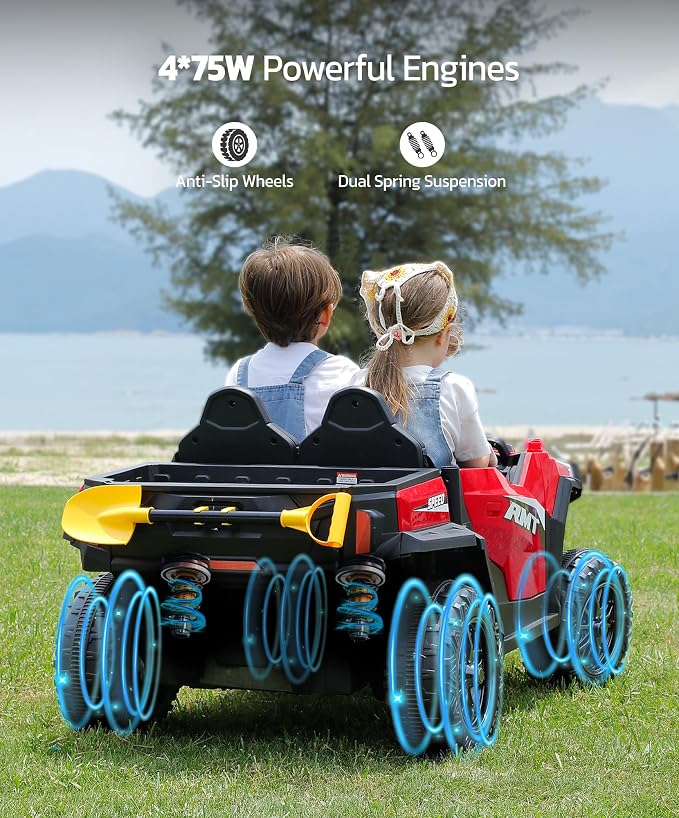 ELEMARA 24V Ride on Toy for Big Kids,Ride on Car 2 Seater w/Sun Shade,Dump Bed & Shovel,4.5MPH,4WD Electric Car for Kids,Battery Car w/Remote,Kids Ride on Truck,3 Speeds,LED Lights,Bluetooth, Red