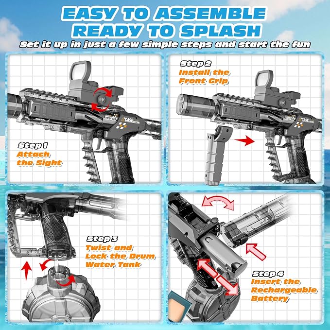 Electric Water Gun for Adults & Kids, Automatic Squirt Gun with 26 FT Range, Flashing Muzzle, USB Rechargeable Battery, 320cc Drum Reservoir, Outdoor Beach Pool Party Toys for Boys Girls