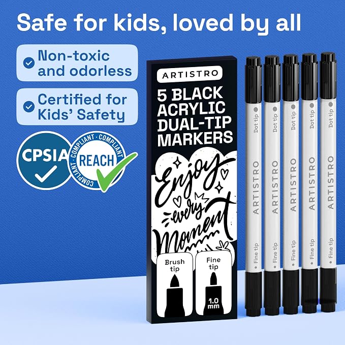 ARTISTRO 5 Black Dual-Tip Acrylic Paint Markers – Paint Pens Set with Dot & Fine Tips for Fabric, Rock, Glass, Wood, Coloring Books – Arts & Crafts Gift – Classroom Must Haves & School Supplies
