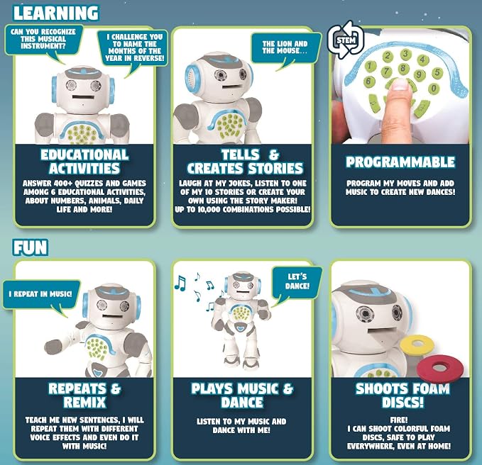 LEXiBOOK Powerman Max, Remote Control Walking Talking Toy Robot STEM Programmable, Dances, Sings, Tells 10,000 Stories, 300+ Learning Quiz, Shooting Discs and Voice Repeat for Kids 4+ ROB80US