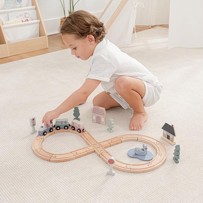 Comfy Cubs 30-Piece Wooden Train Set for Toddlers Ages 1+, Fun & Eco Friendly Toddler Train Set with Wooden Toy Tracks - Creative Toy Town Promoting Imaginative Play with Flexible Configuration
