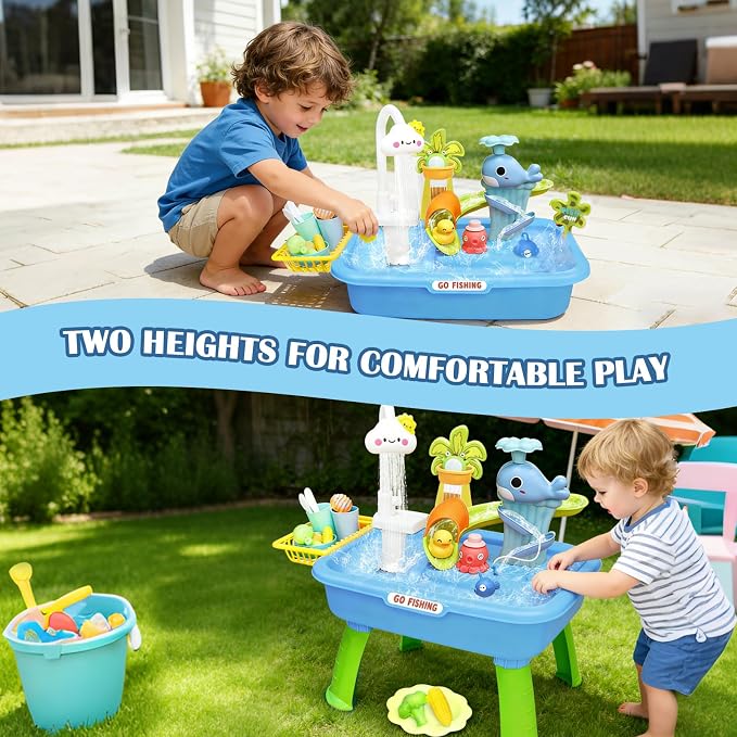 Water Table for Toddlers 1-3, Kids Play Sink for Toddlers with Pump, Whale Slide, Waterfall Shower & Pretend Kitchen Accessories, Summer Baby Water Toy for Outdoor Backyard Sensory Play（Blue）