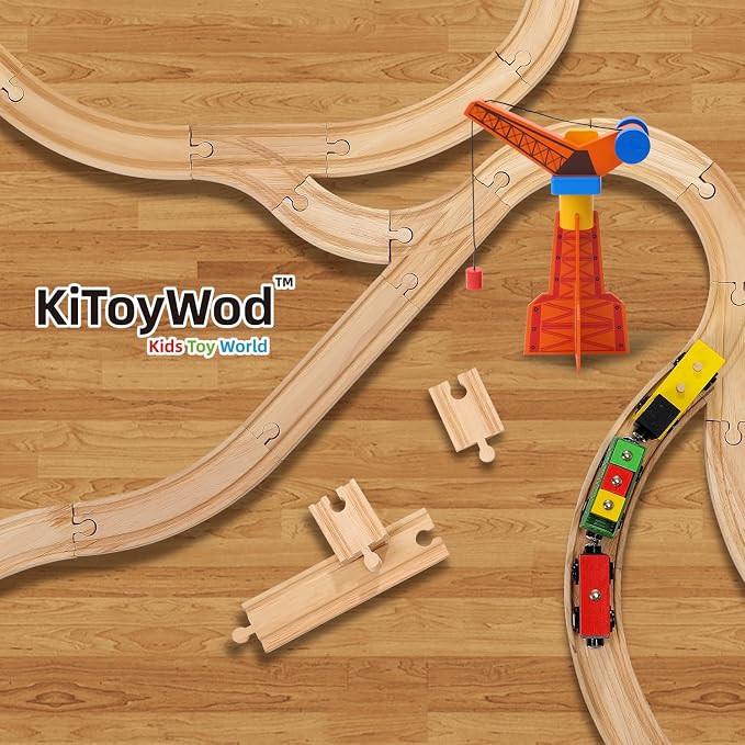Wooden Train Track Set 62pcs, Wood Railway Systems Accessories Expansion Pack with Train + Crane, for 3-10 Years Toddlers Birthday Gift, Christmas Toys, Compatible with Major Brands (62 PCS)