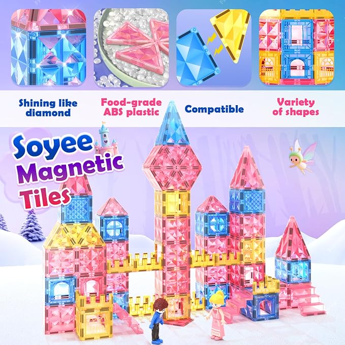 Soyee Diamond Magnetic Tiles Magnet Building Blocks - Princess Castle Toys for Girls & Boys Age 3-8 Birthday Present 5 6 7 8 9 10 Year Old Gifts for Kids Classroom