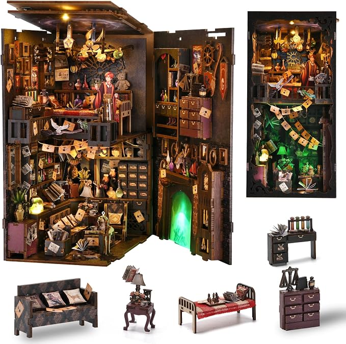 Book Nook Kit for Adults and Teens DIY 3D Wooden Puzzle Bookends, Miniature Dollhouse Kit Bookshelf Decoration, Magic Alley Model with LED Lights,The House of Magic