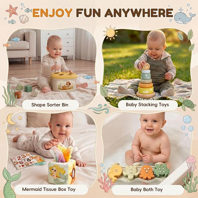 Baby Toys for 6-12 Months, Montessori Toys for Babies 6 Months+ | Shape Sorter, Stacking Rings, Sensory Baby Blocks, Educational Montessori Toys for 6+ Months, Neutral Baby Birthday Gift Set