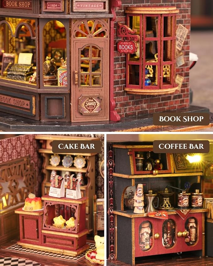 Letter Coffee DIY Miniature House Kit with LED Light - Assembled Dollhouse Kit for Shelf Decor - Wood 3D Puzzles Tiny House Book Nook - Creative Gift for Adults at Birthday Christmas