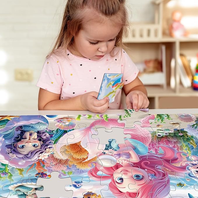 IFLOVE Mermaid Floor Puzzle for Kids — 48 Piece Jumbo Underwater Mermaid Jigsaw Puzzle, Ocean Fantasy Puzzle with Sea Creatures, Educational Toy Birthday for Girls Boys Ages 3-8
