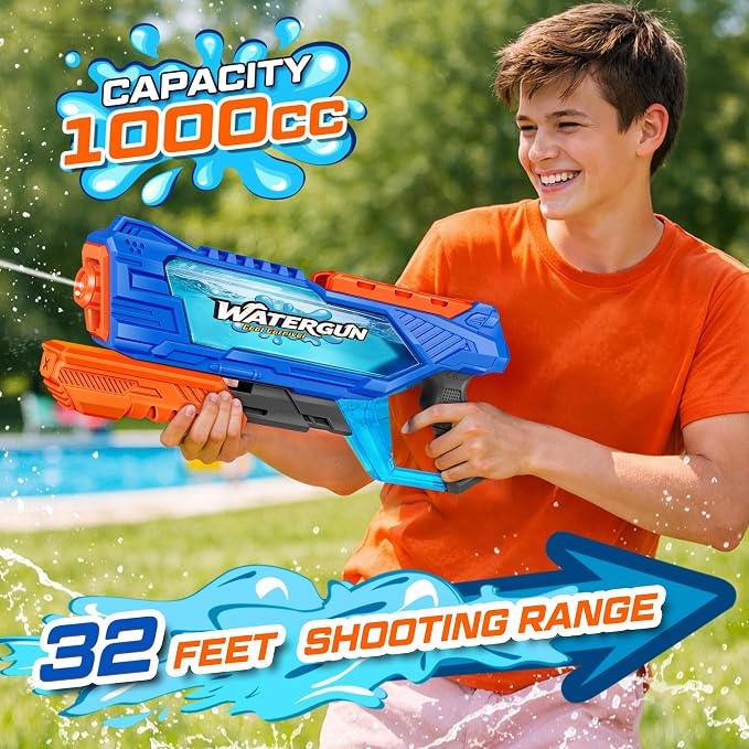 Quanquer 1000cc Water Guns for Kids Adults - 2 Pack Fast-Fill Super Squirt Blaster Soaker with 32 Feet Shooting Range Pump Action Summer Gift Outdoor Toys for Swimming Pool Beach Water Fighting