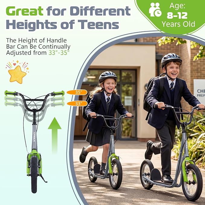 GYMAX Scooter, Kids & Adults Off-Road Scooter with 12" Inflatable Wheels, Adjustable Height Handlebar, V-Type Handbrakes & Axle Pegs for All Terrain, 8+
