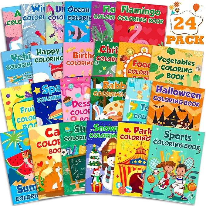 Mczan 24 Pack Mini Coloring Books for Kids Ages 4-8, 8-12 –Bulk Small Coloring Books for Party Favors, Birthday Gifts, Classroom Rewards, Travel Activities Includes Car, Toy, Christmas, Summer Themes