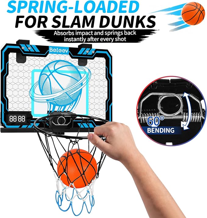 BELEEV Indoor Mini Basketball Hoop with LED Lights, Electronic Scoreboard & Sounds, Over The Door Basketball Hoop for Kids, Ball & Pump Included, Indoor Sports Toy Gift for Boys Girls Ages 4-12 (Blue)