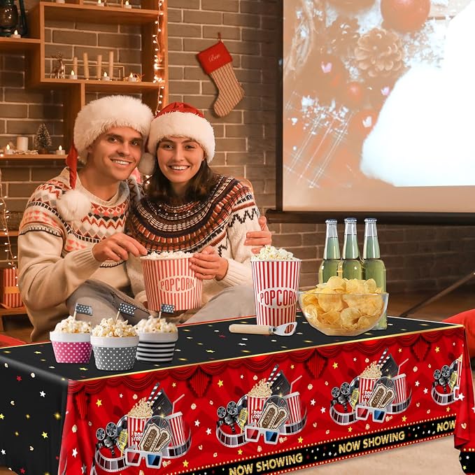 Movie Night Tablecloth,Movie Theme Hollywood Party Decoration 3Pcs Vintage Now Showing Popcorn Tablecloth Drive In Movie Party Table Cover for Movie Theater Party Favors ,Movie Star Birthday Supplies
