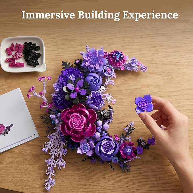 Purple Moon Flower Building Set, Botanical Collection Artificial Flowers Building Blocks Kit Compatible with Lego for Adults Home Décor Wall Art Decoration