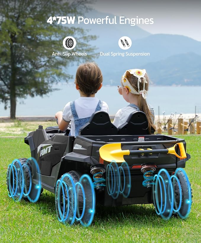 ELEMARA 24V Ride on Toy for Big Kid,Ride on Car 2 Seater w/Sun Shade,Dump Bed & Shovel,4.5MPH,4WD Electric Car for Kids,Battery Car w/Remote,Kids Ride on Truck,3 Speed,LED Lights,Bluetooth, Dark Black