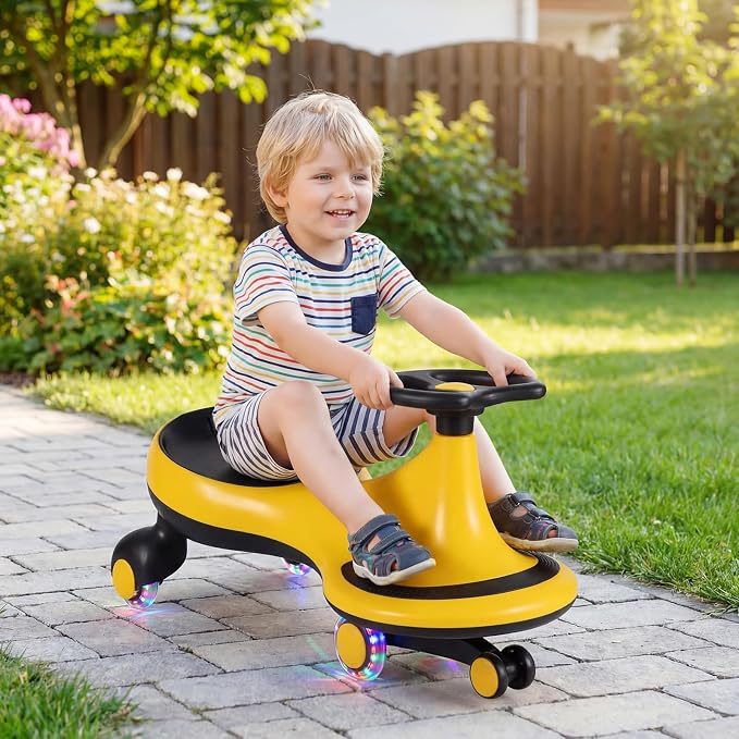BABY JOY Wiggle Car for Kids, Swing Car with LED Flashing Wheels, No Batteries, Gears or Pedals, Uses Twist, Turn, Wiggle Movement to Steer, Ride-on Toy for Boys Girls 3 Year Old and Up (Yellow)