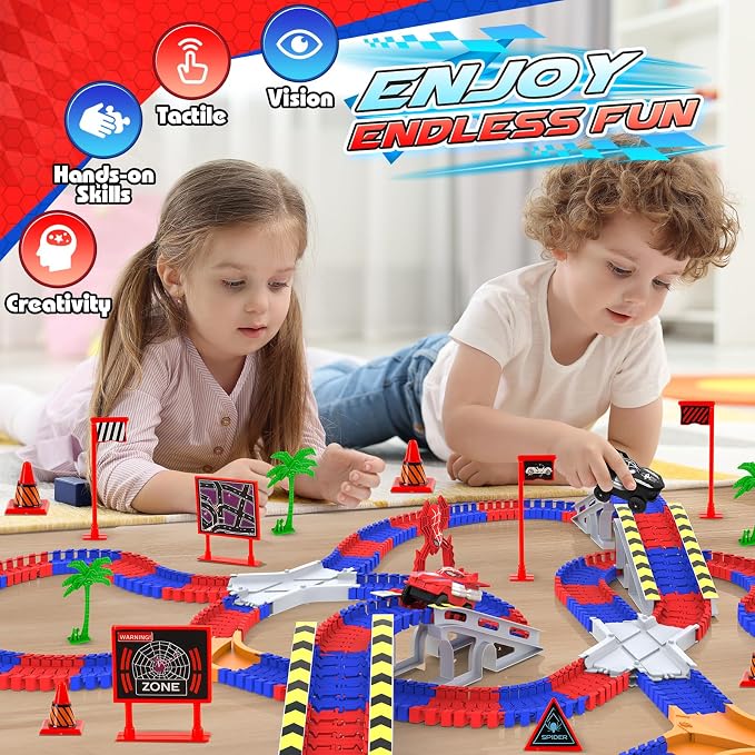 Spider Race Track Toys for Kids, Monster Truck Gifts for Ages 3 4 5 6 7 8 with 2 Cool Spider Cars and Flexible Train Tracks, Toddler Train Set for Boys Girls's Christmas Birthday Presents (250Pcs)