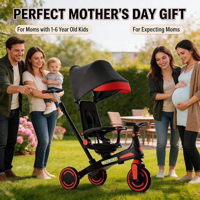 Winhope Kids Tricycle, 6 in 1 Baby's Tricycle Toddler Trike with Adjustable Push Handle, Reversible Seat and Canopy, Baby Stroller for 1-6 Year Olds, Suitable for Outdoor Activities(Red)