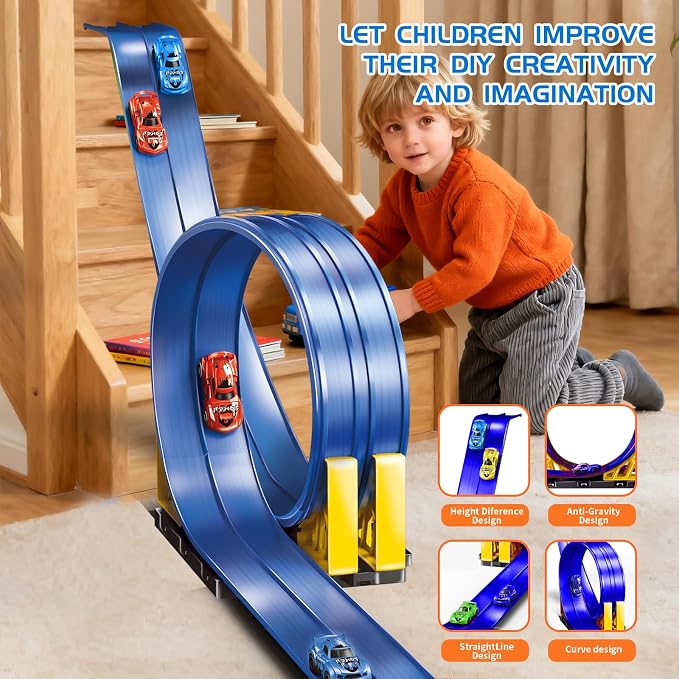 20ft Build Anywhere Portable Race Track with Suction Cups - Flexible Roll-Up Design Fits 1/64 Scale Cars, Portable Toy Gift for Kids 4+ Year Old (2 Tracks/Blue)
