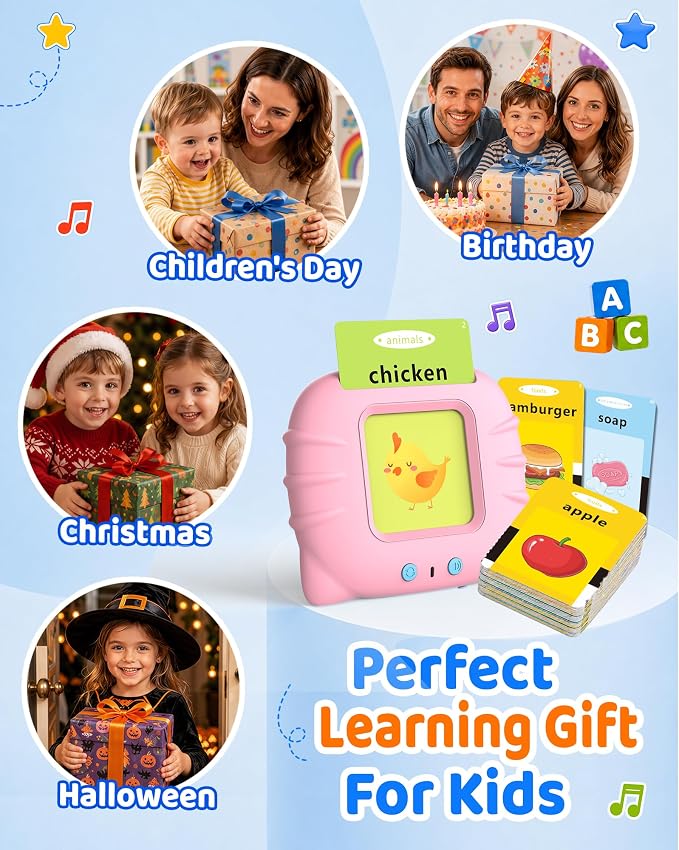 Aullsaty Talking Flash Cards for Toddlers 1-5 Years Old, Upgraded 536 Sight Words with 6 Songs Montessori Autism Sensory Toys, Educational Learning Speech Therapy Birthday Gifts for Boys Girls (Pink)