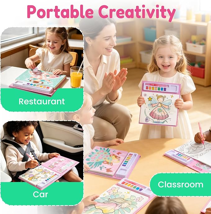 JoyCat Paint with Water Coloring Books & Creative Sticker(Tiny Fairy) | Watercolor & Sticker Activity - 200 Pcs Stickers for Kids, Toddler Painting Set, Art & Craft Travel Toy Gifts for Boys Girls
