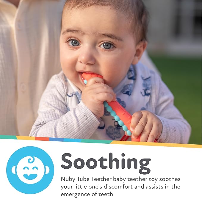 Nuby Tube Teether - (2-Pack) Baby Teething Toy - 3+ Months - Silicone - Llama and Dinosaur