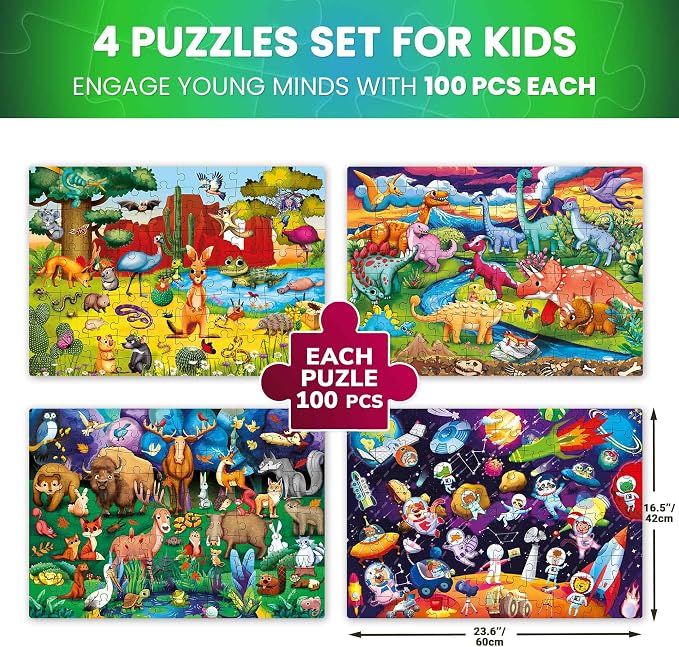 QUOKKA 100 Piece Puzzles for Kids Ages 6-8 – 4 Jigsaw Puzzles for Kids Ages 8-10 – Glow in the Dark Space Dinosaur Animals – Fun Game for 10-12 Boys and Girls – Learning Games Gift for Childrens