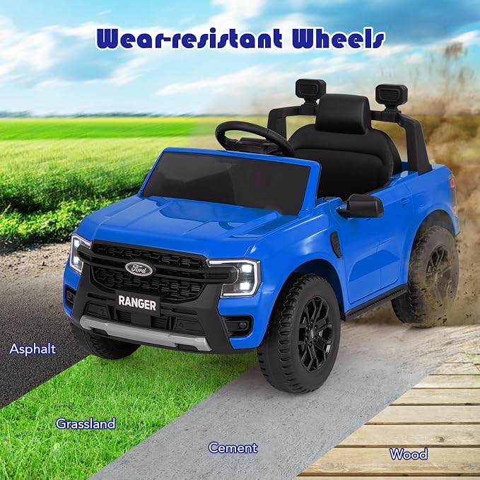 Licensed Ford Ranger Ride on Pickup Truck by INFANS, 12V Battery Powered Electric Vehicle for Kids with Remote Control, Headlight, Power Display, Bluetooth, MP3, Music, Aged 3-6 Years (Blue)