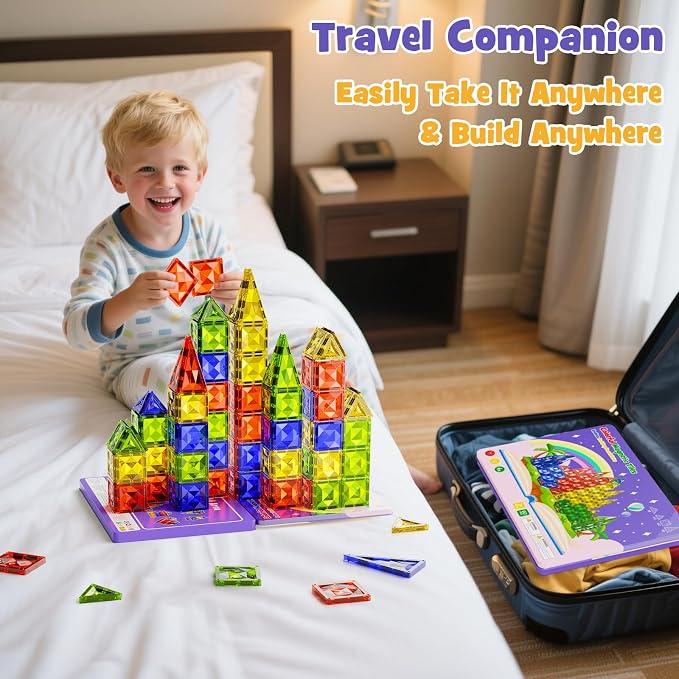 WMXDU 60pcs Large Diamond Magnetic Tile, Magnetic Building Blocks Magnet Toy with Iron Box, STEM Educational Montessori Indoor Building Kit for Preschool Boys Girls Age 3+ Classroom Must Haves