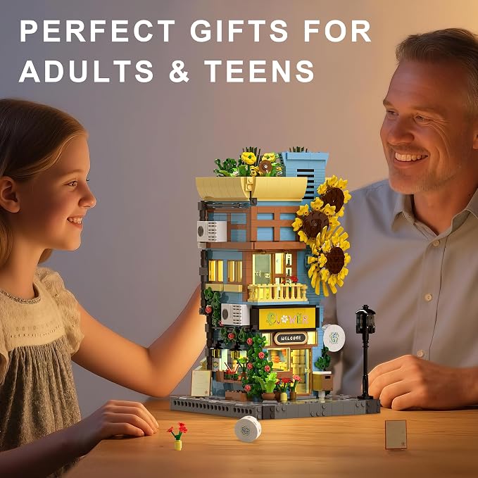 Sunflower House Building Set with LED Light, 3-Story Japanese Street View House Blocks, 1580PCS Creator Architecture Model Building Kit, Home Office Decor Gift for Adults