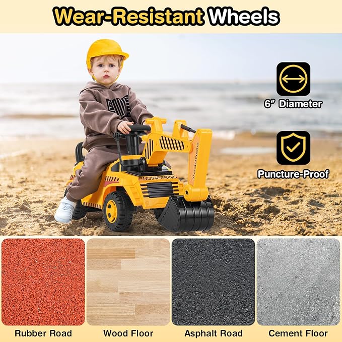 Costzon Ride On Excavator, Kids Construction Digger Truck, Ride on Push Car for Toddlers w/Working Shovel, Engine Sound, Under-seat Storage, Anti-Rollover Device, Sliding Car Vehicle Toy(Excavator)