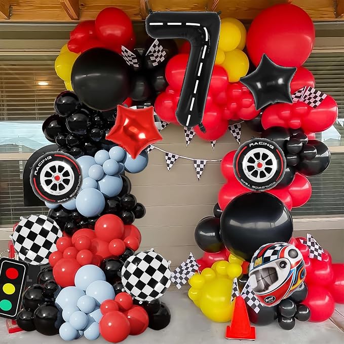 Race Car 7 Balloons, 40 Inch Racetrack Number 7 Balloon, Large Foil Mylar Racetrack Black 7 Balloon for 7 Year Old Birthday Race Car Themed Party Decoration