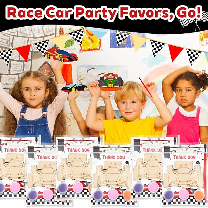 Bafeil 24 Set Race Car Party Favors - Painting Craft Kits with Thank You Cards for Boys Girls Toddler, Racing Cars Themed Birthday Party Decorations for One Two Fast Party Favors Goodie Bag Stuffers