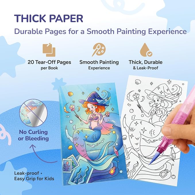 JoyCat Pocket Paint with Water Coloring Books for Kids, Art & Craft Activity Toy Set, Creative Travel & Home Painting Kit, Gifts for Girls & Boys Ages 3-8 (Ocean Princess)