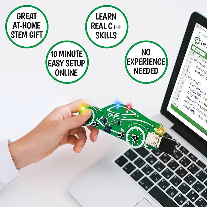Code Car Kids Coding Toy for Kids 8-12+ and Teens; Learn Typed C++ Coding with Hands-On Electronics & 20+ Projects Including Custom Siren, Honk The Horn, and Reverse Alarm