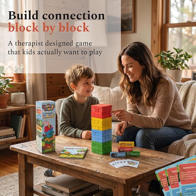 Feelings Tower Therapy Games for Kids & Teens - Social Emotional Learning Toy, 48 Emotion Cards & Animal Stacking Blocks - Play Therapy Toys, SEL & Social Skills Games for Kids, Counseling