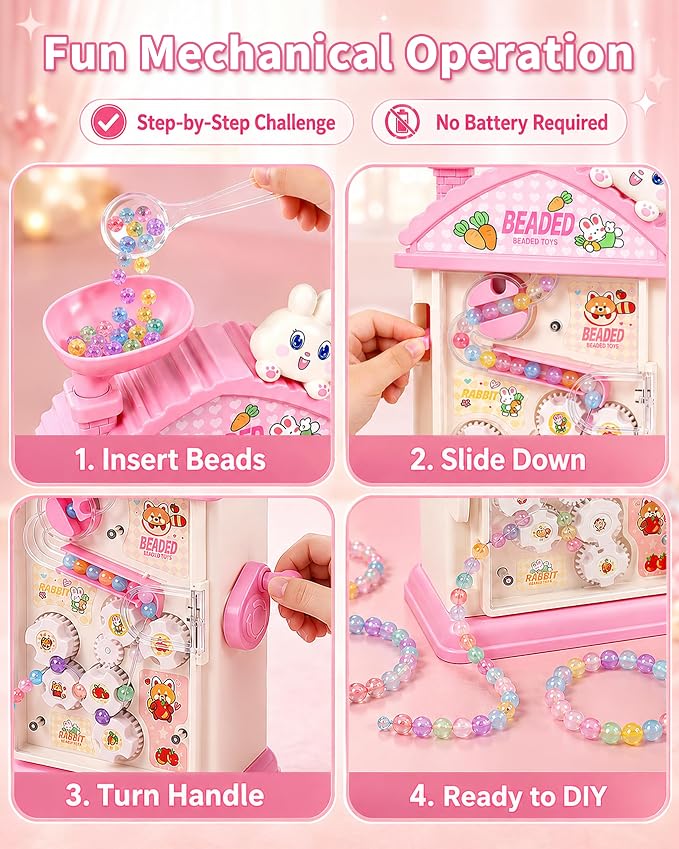 STACTCUTE 820Pcs Beads Bracelet Maker Machine for Girls 6-12, DIY Charm Jewelry Making Kit Makes up to 60 Bracelets, Mess-Free Arts and Crafts Bunny Toy, Friendship Gifts for Kids 6 7 8 (Pink)