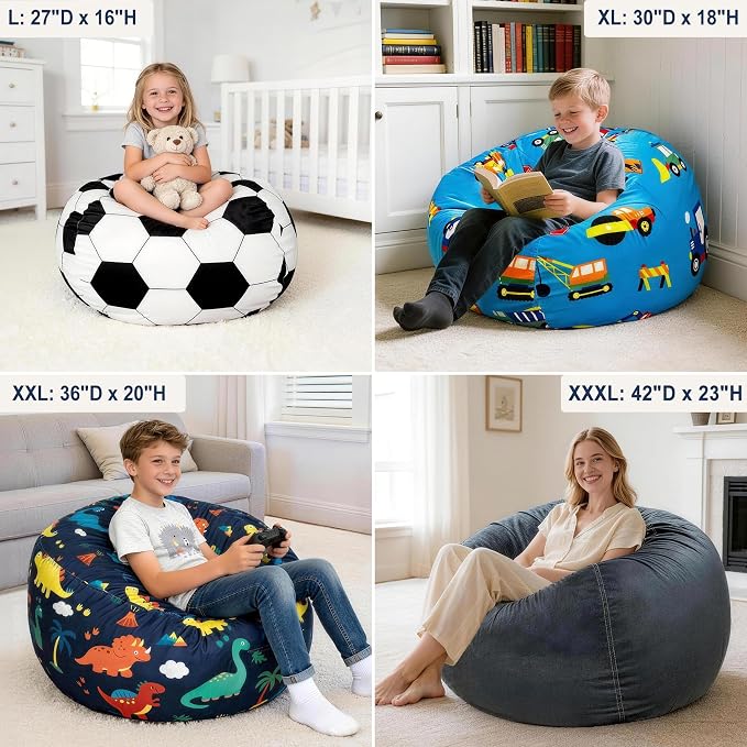 Lukeight Soccer Stuffed Animals Storage Bean Bag Chair Cover for Kids Teens, Cozy Velvet Plush Toy Organizer Seat, Cover Only, No Filling Included, Long YKK Zipper, Side Pocket, XX-Large 36 x 20 in