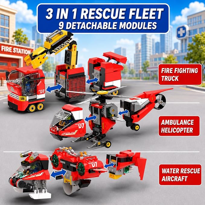 3 in 1 City Fire Rescue Building Sets, Compatible with Lego City, Fire Truck, Helicopter & Rescue Plane, 9 Rebuildable Modules, 3 Firefighter Figures, STEM Toys Gift for Kids Boys Age 8-12 + (879 PCS)