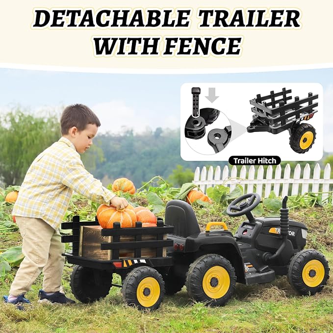 TOBBI Kids Electric Ride On Toy Tractor, Toddlers 12V Battery-Powered Car to Drive, 35W Dual Motor 6-Wheels Trailer Vehicle with 3-Speeds/LED & Horn Functions for Chirdren Aged 3-8-Black