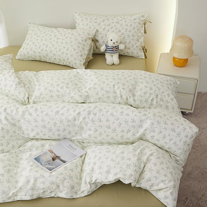 Twin XL Comforter Set Vintage Floral Comforter Bedding Set, Aesthetic Coquette Botanical Green Flowers Comforter with 2 Bow Ties Pillowcases, Lightweight Cottagecore Comforter Set for All Season
