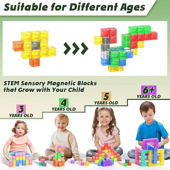 Apluses Magnetic Blocks Building Toys - Transparent Rainbow Magnetic Cubes Set, Outdoor Sensory Autism STEM Toys Gifts for Kids Aged 3+ Year Old Boys & Girls