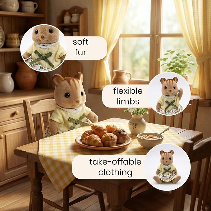 Family Brown Chipmunk Figures — Set of 3 Collectible Flocked Mini Dolls with Removable Clothes, Dollhouse Pretend Play Set for Kids Ages 3+