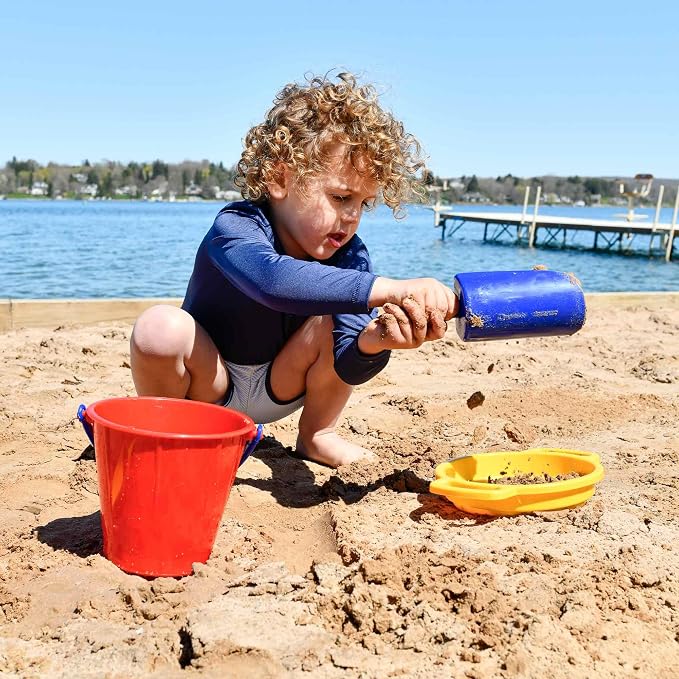 Spielstabil Large Sand Toys Bundle for Kids - Heavy Duty Sandbox Toys with Large Pail, Sieve, and 2 Scoops, Kids Summer Toys for Beach, Colors Vary, Ages 2.5 and Up